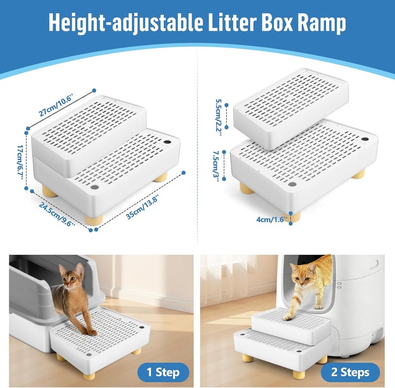 Bartuke Extra Large 2 Steps Cat Litter Box Step Ramp, Cat Litter Catcher Mat with Wooden Feet, Filter Function, Cat's Pedal Stool for Self-Cleaning Litter, Suitable Kitten & Elderly Cats (White) - Image 2